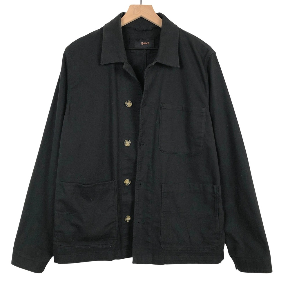 QUINCE Organic Cotton Chore Coat Jacket Men's L Black Patch Pockets Button Up